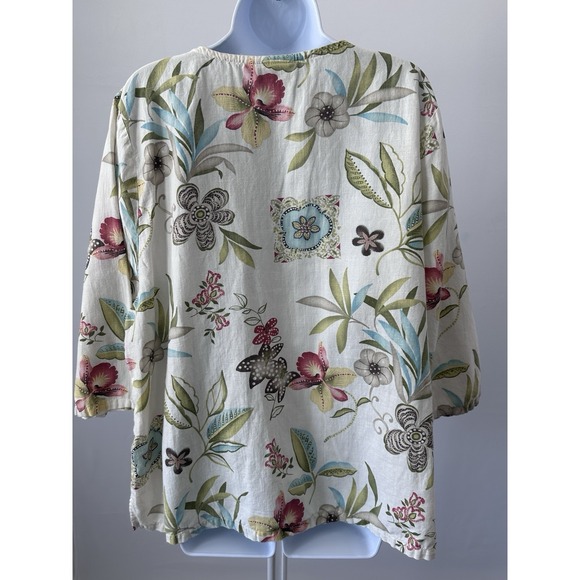 Sz: 1X Ivory Floral Linen Cotton Top by Hot Cotton (B54) Summer Spring - Picture 3 of 5